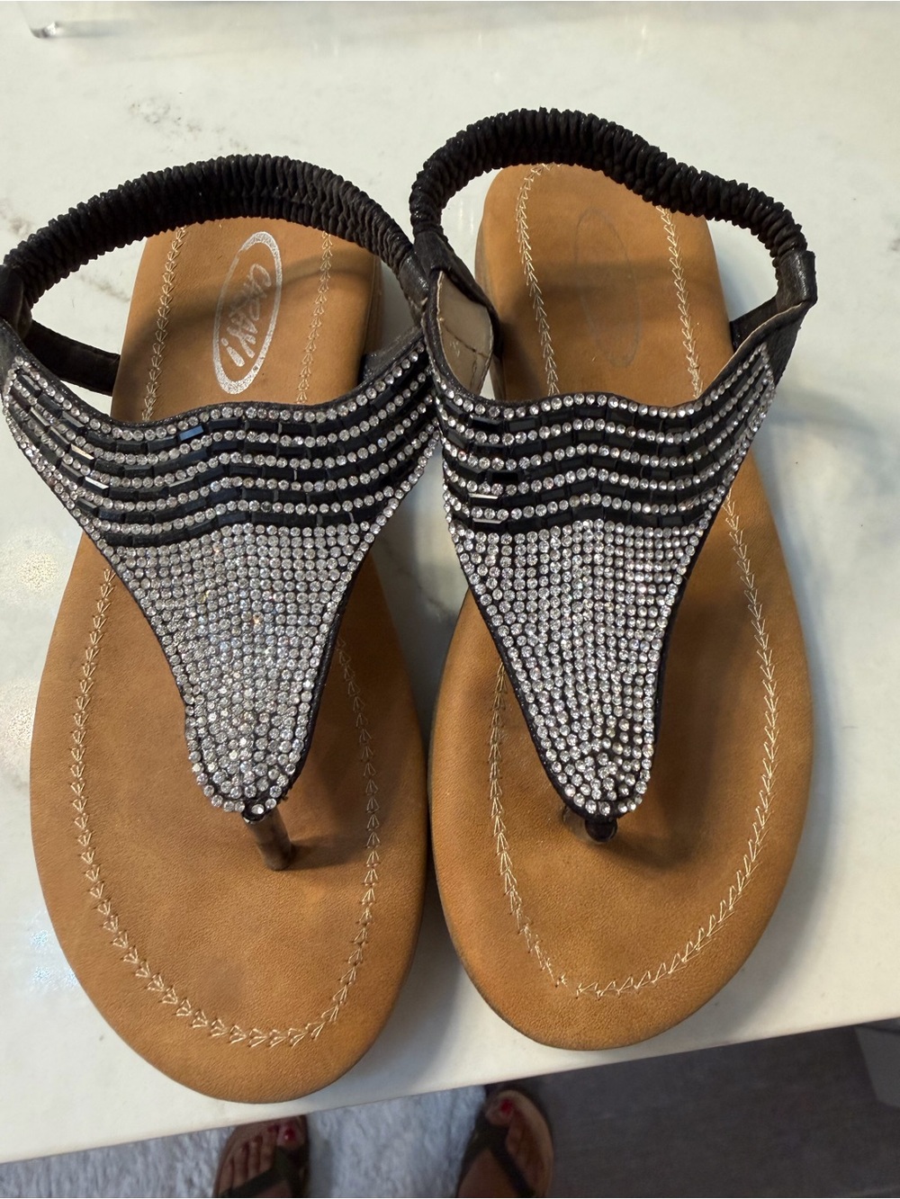 Black Rhinestone Toe-Post Sandals with Elastic Back Strap